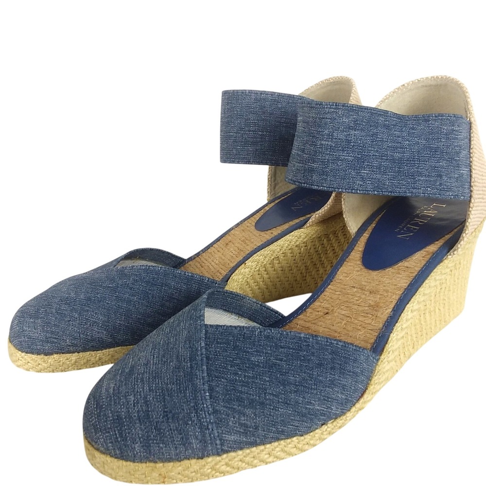 Lauren Ralph Lauren Charla Denim Blue Wedge Sandals Women's 10B Ankle Strap